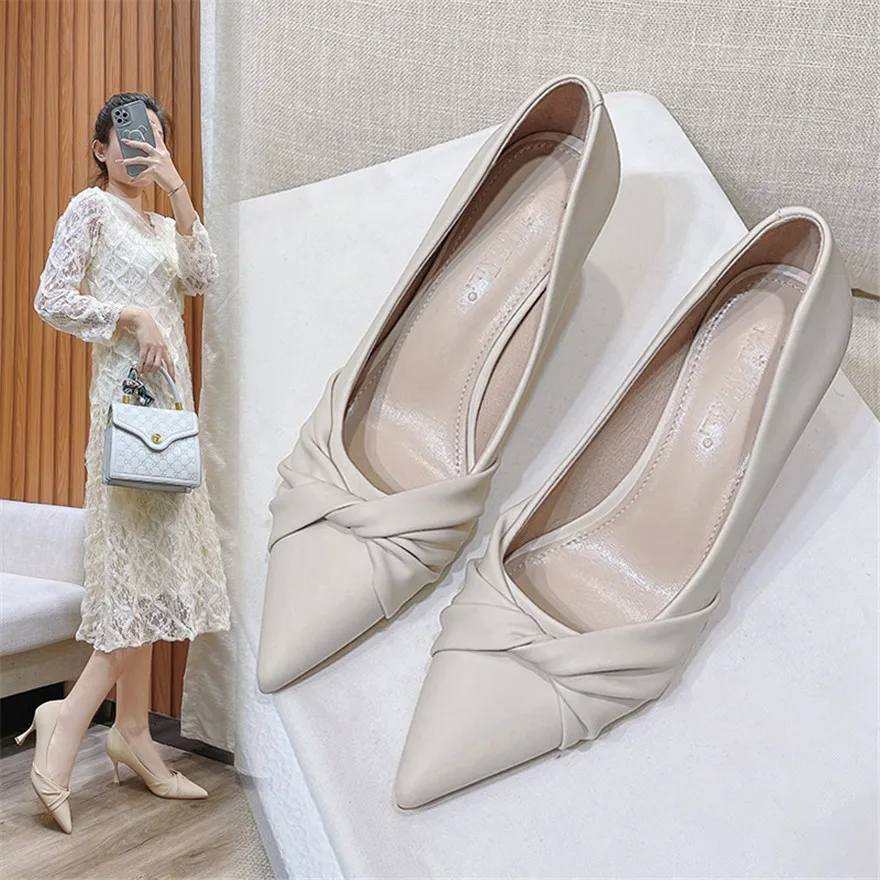 5/7cm Heel Fashion Folds Leather Shoes For Women Black Pointed Toe High Heels Office Pumps New Spring Slip On Female Party Dress