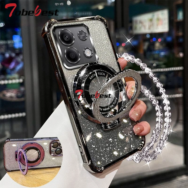 Shockproof Glitter Plating Crystal Bracelet Magsafe Phone Holder Case For Xiaomi Redmi Note 14 13 13R 12 11 10  9 Pro 4G 5G
