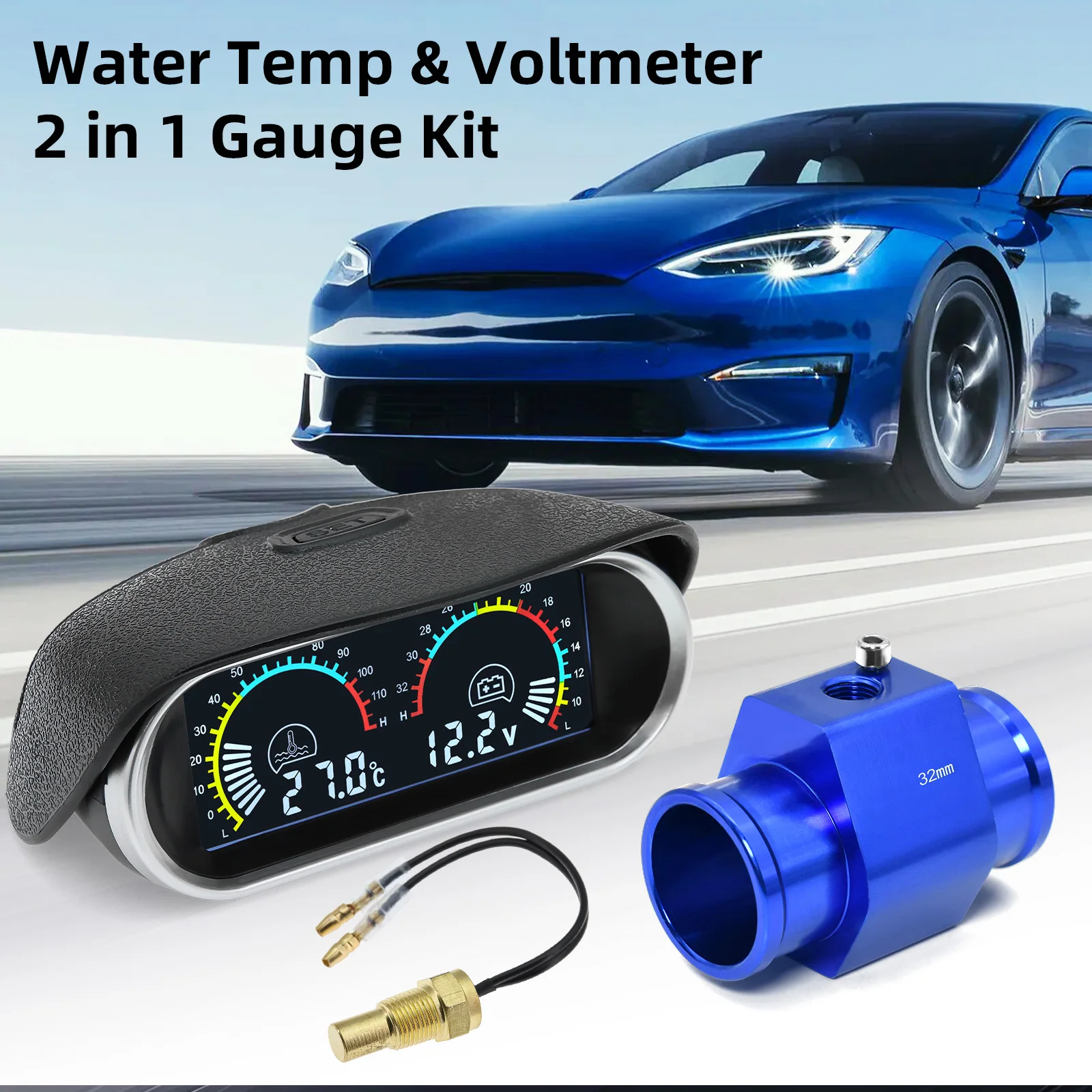 26mm-40mm Radiator Hose Adapter +2in1 Digital Water Temperature Gauge + Volt with 1/8NPT Water Temperature Sensor