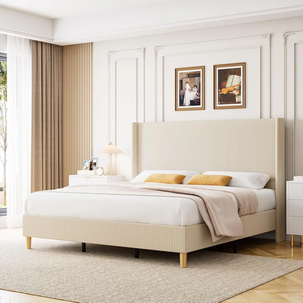 

Queen Size Corduroy Upholstered Platform Bed Frame with 51" Tall Vertical Stripe Wingback Headboard - No Box Spring Needed