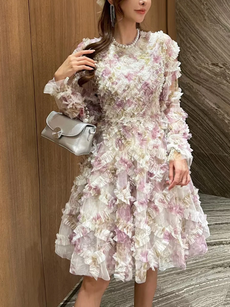 TWOTWINSTYLE Hit Color Printing Elegant Dresses For Women Round Neck Long Sleeve High Waist Slimming A Line Dress Female Style