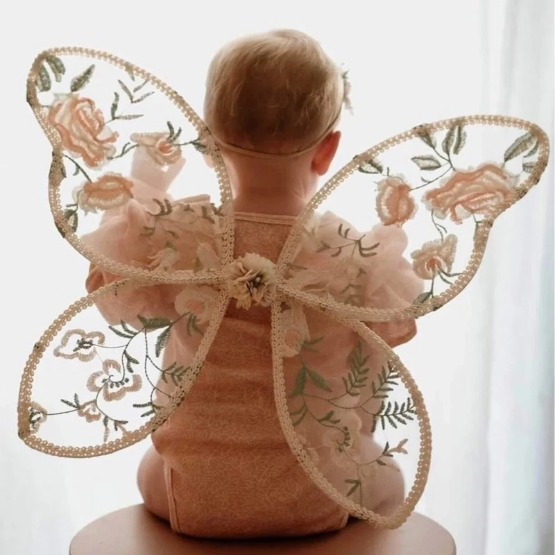 Kids Angelic Lace Wing Costume with Embroidery Detail Lovely Baby Butterfly Wing for Photoshoots and Birthday Parties