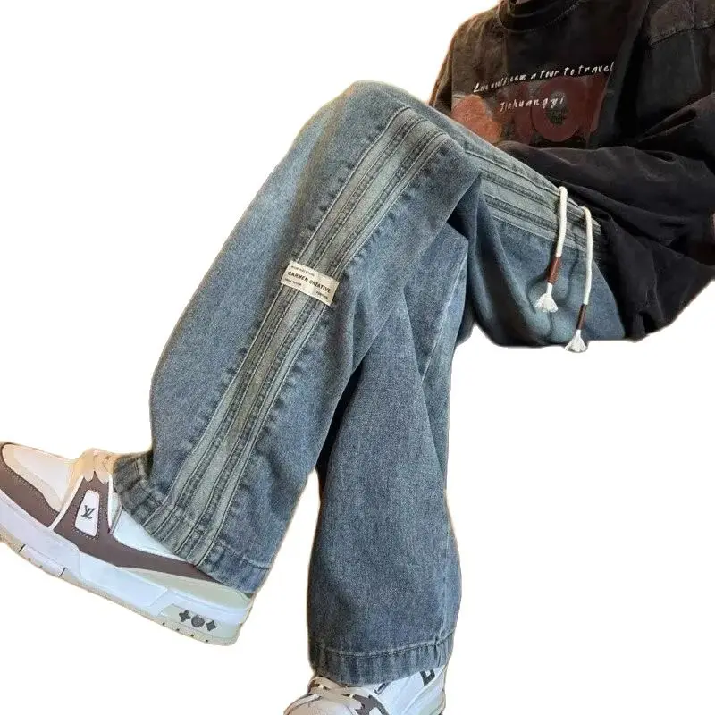 Tre bar jeans retrò americani da uomo primavera e autunno nuovo stile high street elastico in vita sciolto casual gamba dritta da uomo lunga