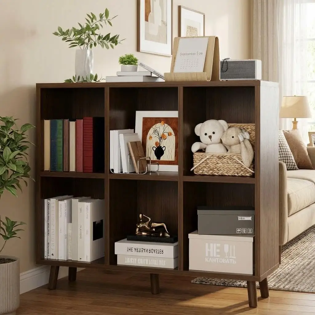 6 Cube Bookshelf Organizer Freestanding Open Bookcase with Leg Base Modern Storage Shelf for Home Office Furniture