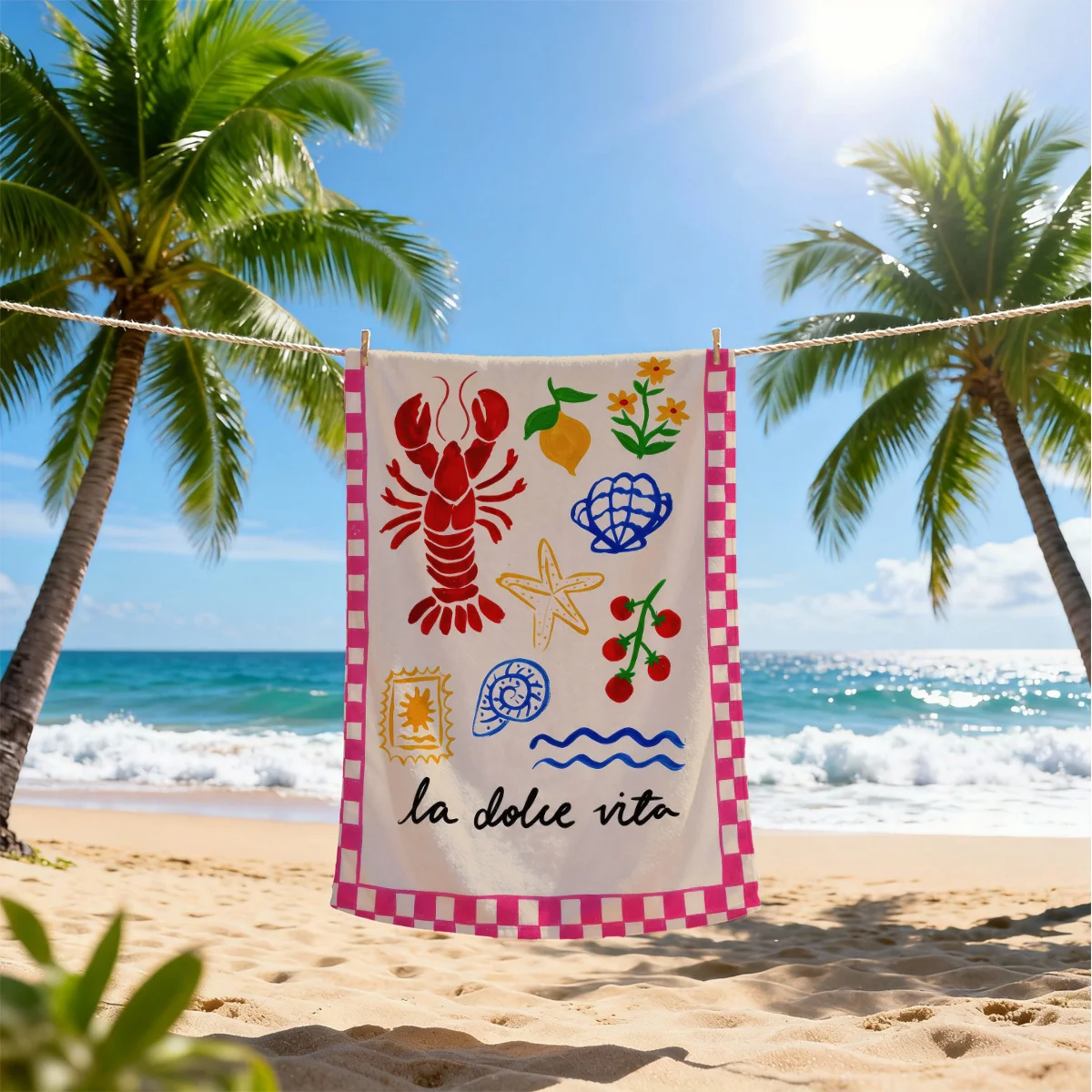 1PC Southern Italian Style Beach Towel with Lobster Starfish Lemon Print Soft Lightweight Swimming Beach Lay Towel Large Size