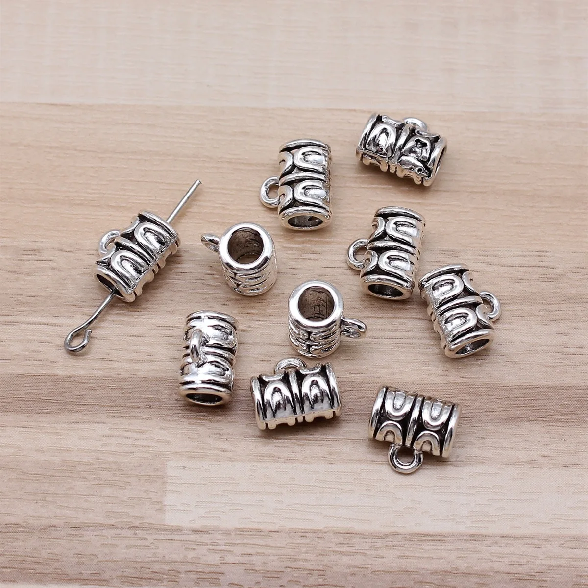 IFOCUS 10pcs/Lot Engraved Pattern Tube Spacers Beads Big Hole Beads Bail For DIY Jewelry Making 10x9x6mm/0.39x0.35x0.24inch