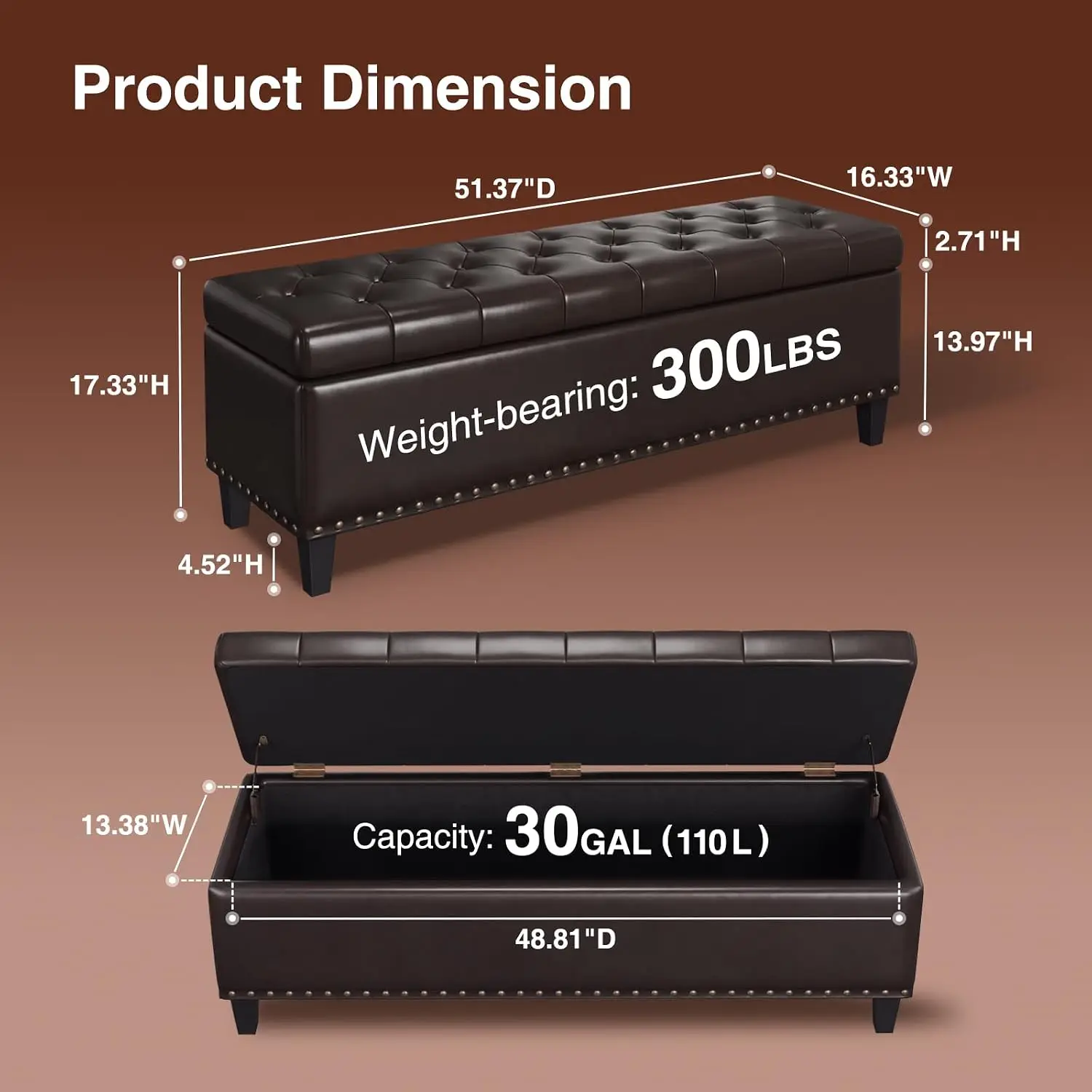 51 Inch Storage Ottoman Bench End of Bed Faux Leather Upholstered Nailhead Trim 30 Gallons Bedroom Living Room, Customized