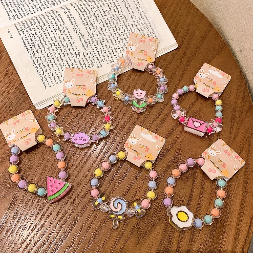 Cute Jelly Color Beaded Bracelet Cartoon Cloud Rabbit Flower Pendant Crystal Strand Bracelet Girls Children Jewelry Accessories