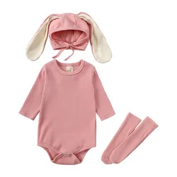 Baby Girl Clothes Set Long Sleeve Romper with Bunny Ear Hat Socks 3 Pieces Outfit Sets For Newborn Soft Cotton Infant Bodysuit