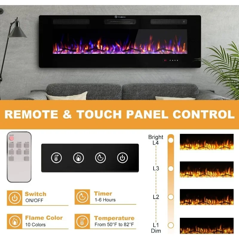 Cool to The Touch Fireplace Heater, Recessed and Wall Mounted Fireplaces with Timer Remote Control Adjustable Flame Color