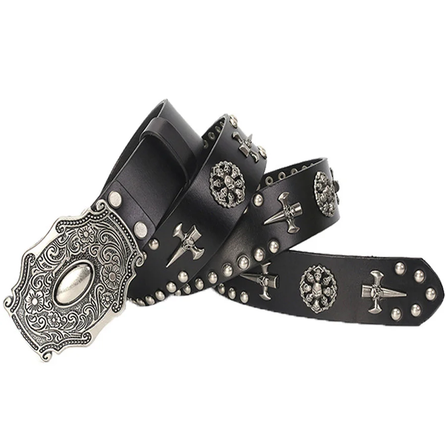 

3.8CM Real Genuine Leather Vintage Metal Skull Punk Men Jeans Belt Stud Cowboy Strap Cinturon Ceinture Homme Riem Belts