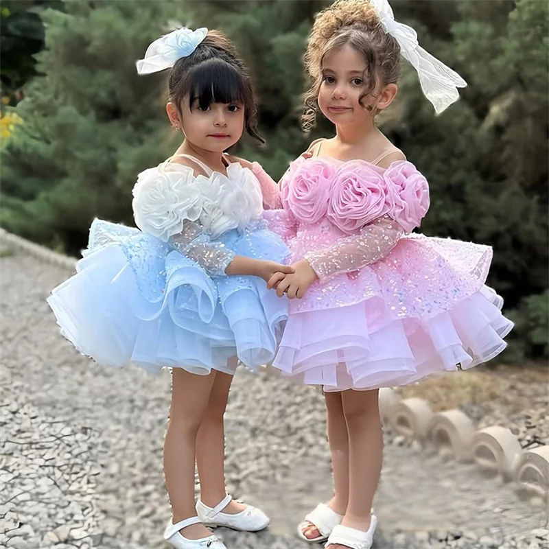 فساتين الأميرة تول مطرزة بالخرز على شكل زهرة فتاة فساتين المناولة الأولى هدية عيد الميلاد وحفلات الزفاف وأعياد الميلاد #1