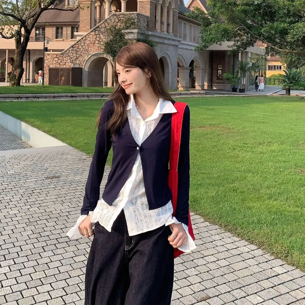 

Harajuku Slim Fit False Two-piece Top Korean Style Sweet Lace Shirts Knitwear Patchwork Flip Collar Knitted Top Women Party
