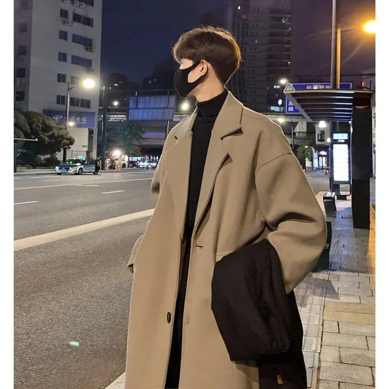 Windbreaker Men's Korean Extended Version Woolen Coat Popular British Style Thickened Mid Length Over The Knee Jacket