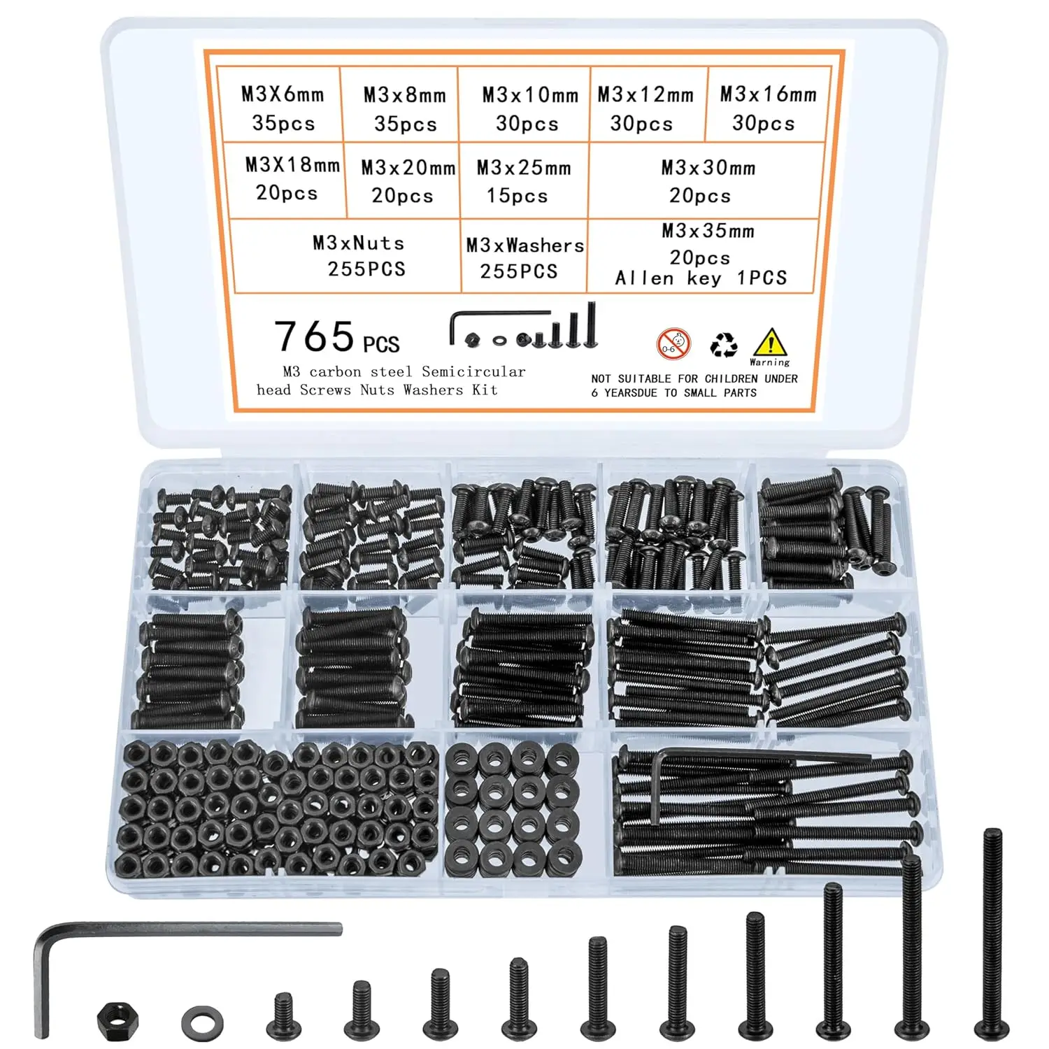

765 Pieces M3 Bolts and Nuts Kit - Hexagonal Socket Head Cap Screws, Washer Set - Metric Machine Screws Classification - 10.9 Ca