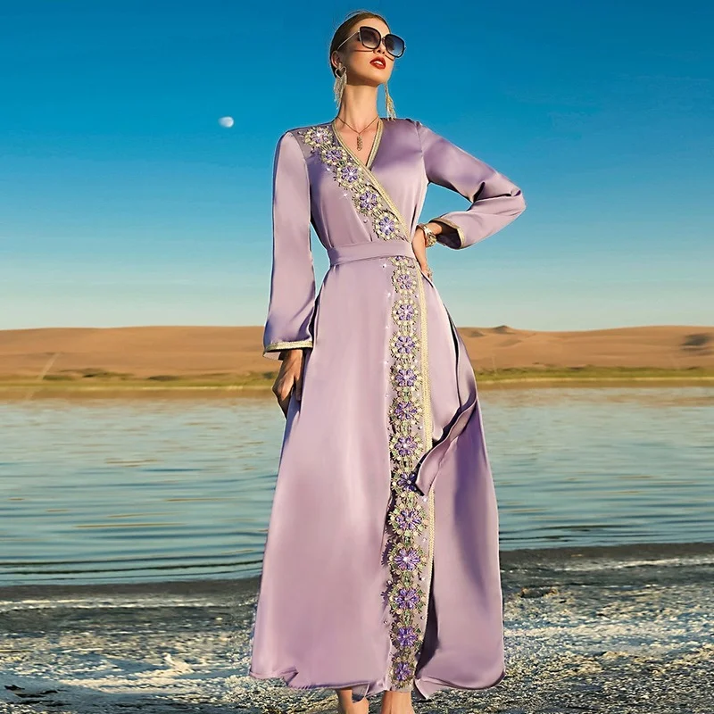 

2023 Ramadan Abaya Femme Diamond Fog Purple Muslim Fashion Abayat Abayas for Women Dubai Turkish Islamic Long Sleeve Women Dress