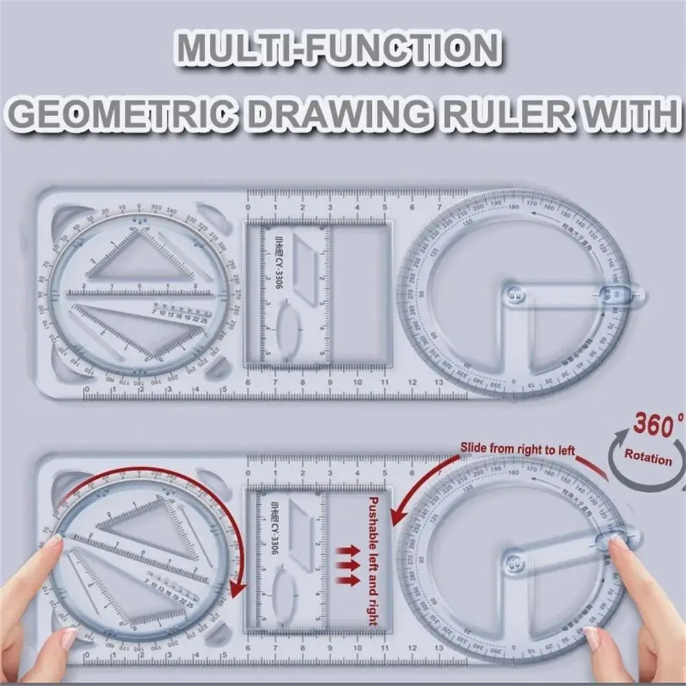 Regla de dibujo de ángulo de actividad, regla geométrica multifuncional recta, transparente 360 °   Plantilla de dibujo móvil