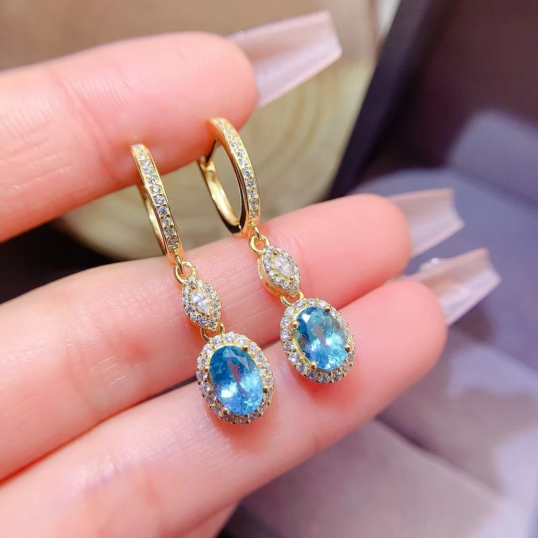 Classic Hoop Earrings for Woman 5mm*7mm Total 1.4ct Natural Apatite Earrings Gold Plated 925 Silver Apatite Jewelry