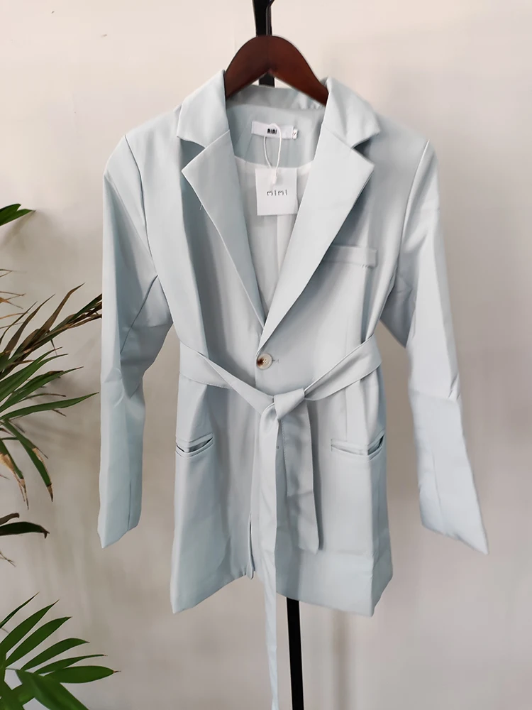 2024 Spring New Korean Elegant French Suit Collar Jacket Two Buckle Lace Up Waist Thin Double Pockets Loose Blazer 099