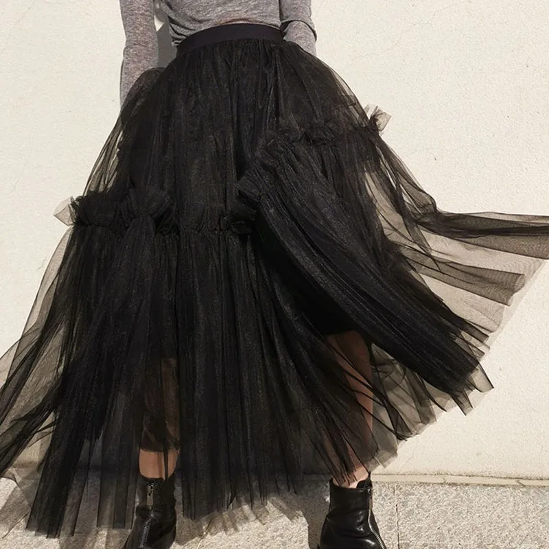 

Fashion Gothic Mesh Skirt Women Summer Elastic High Waist Streetwear Irregular Midi Skirts Korean Chic Black Punk Tiered Skirts