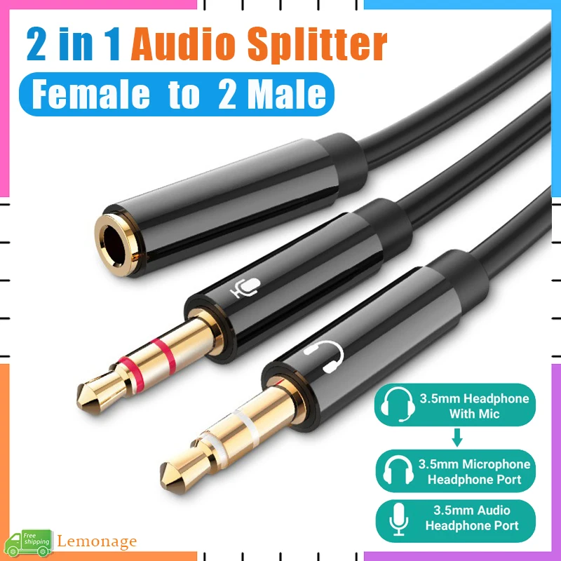 

2 in 1 Audio Splitter 3.5mm Female to 2 Male AUX Adapter Audio Extension Cable Earphones Splitter