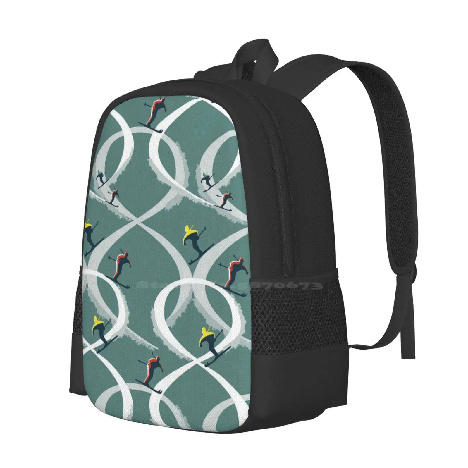 Mid Century Figure 8 Skiers In Retro Style On Teal Pattern Design Bagpack School Bags Skis Skiing Skiers Mid Century Design Mid