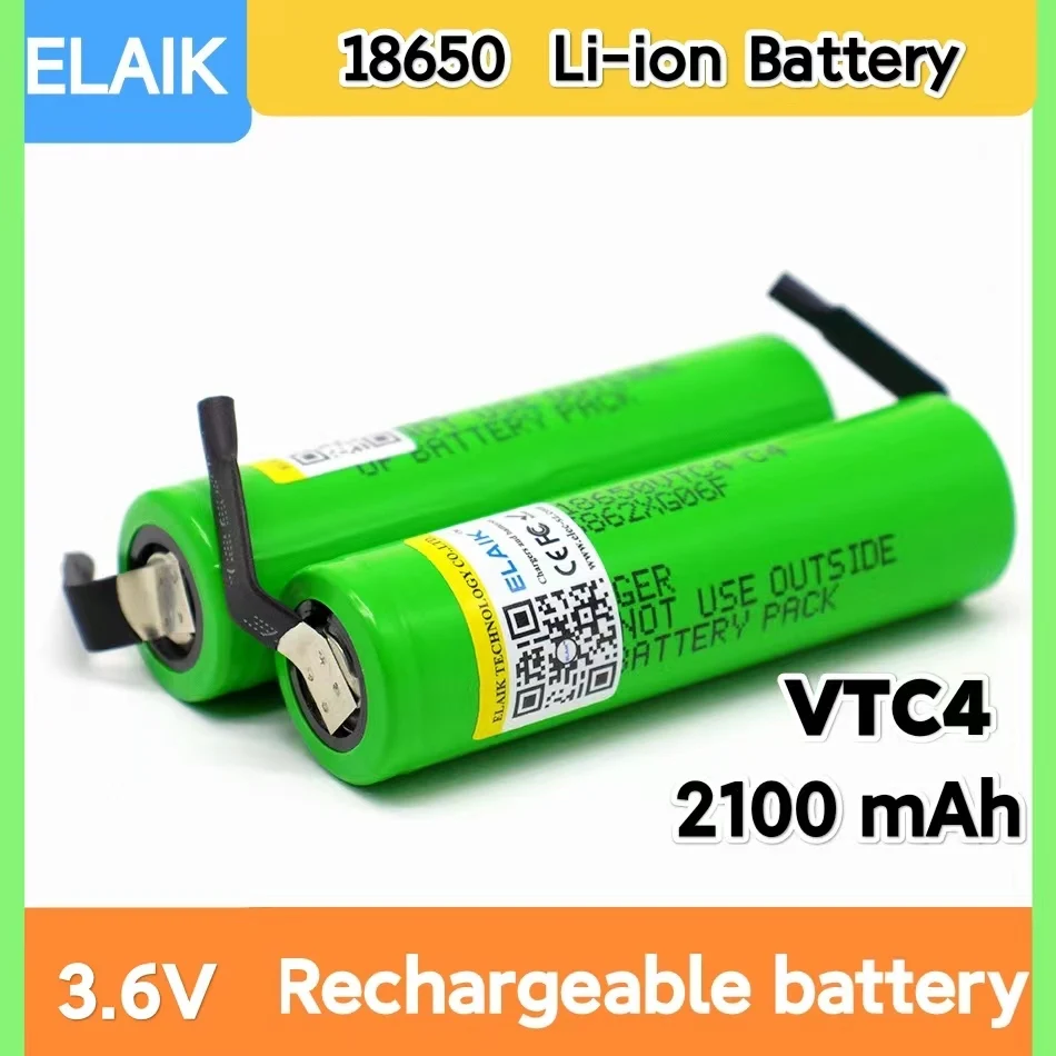 

Перезаряжаемая литиевая батарея ELAIK 18650 vtc4, 3,6 В, 18650 мАч, 30 А + никелевая пластина, 20 шт.