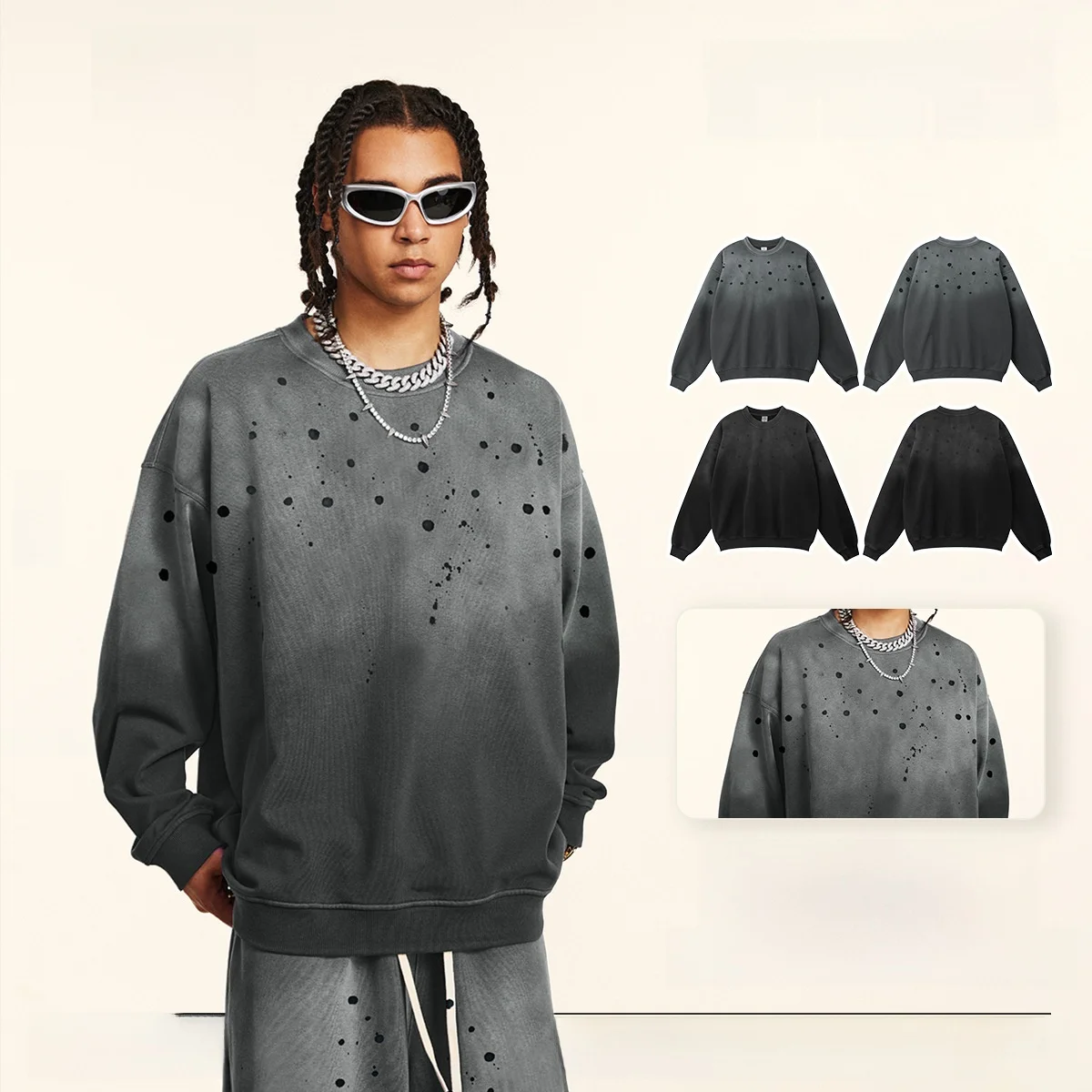 

Men's Early Autumn American High Street Heavyweight Trendy Brand oulder Drop round Ne Base irt Fce Lined Hoodie