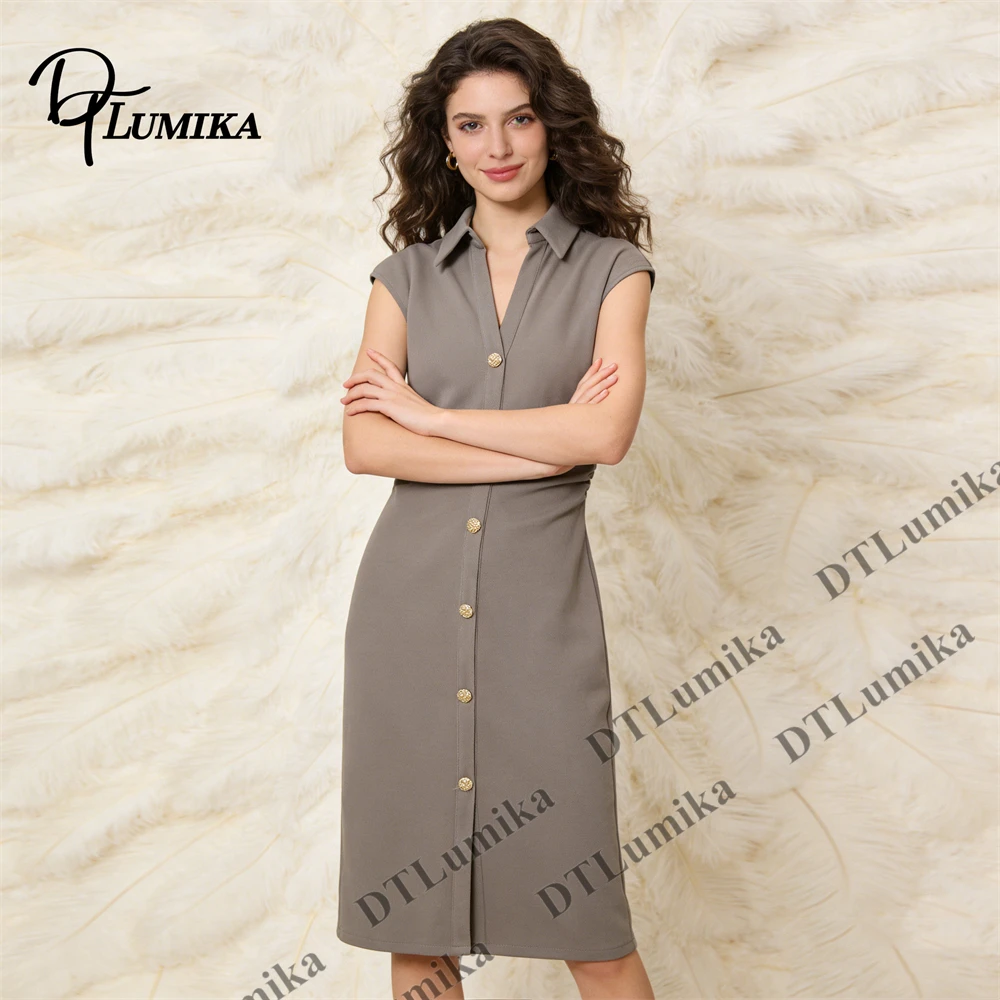 

Women’s Sleeveless Collar Shirt Dress, Button - Front Ruched Midi Dress for Office Work Business Casual Daily Wear