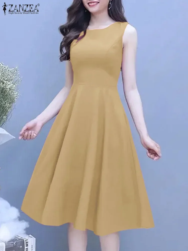 ZANZEA Women Sleeveless Summer Dress 2025 Solid A-line Tank Vestidos Elegant Collect Waist Midi Dresses Vintage Party Robe Femme