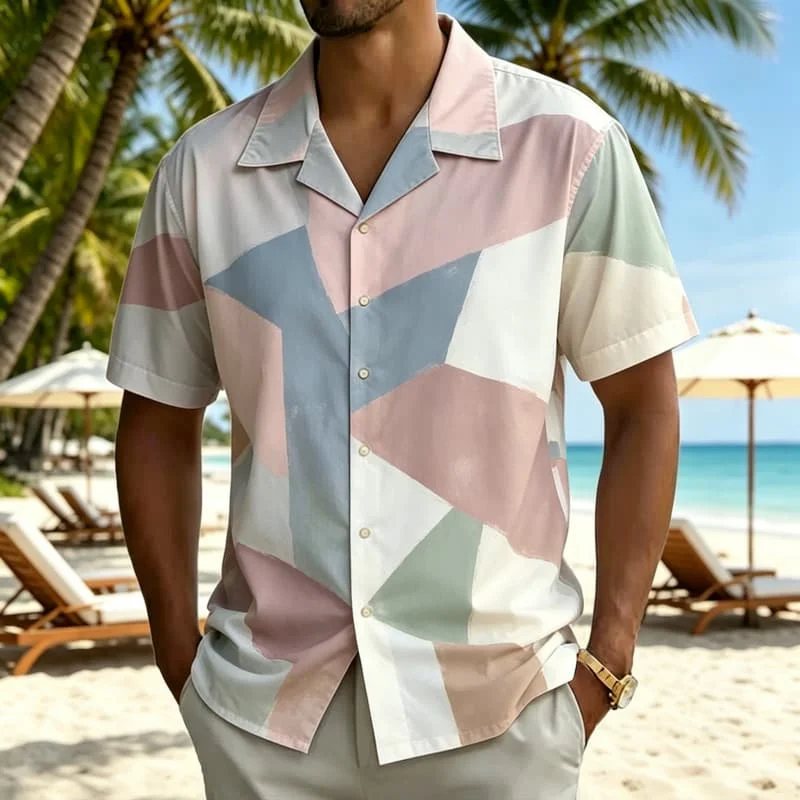 Men's Patchwork Print Hawaiian Shirt, Artistic Vacation Style for Party Events, Club Nights, Street Fashion & Casual Gatherings
