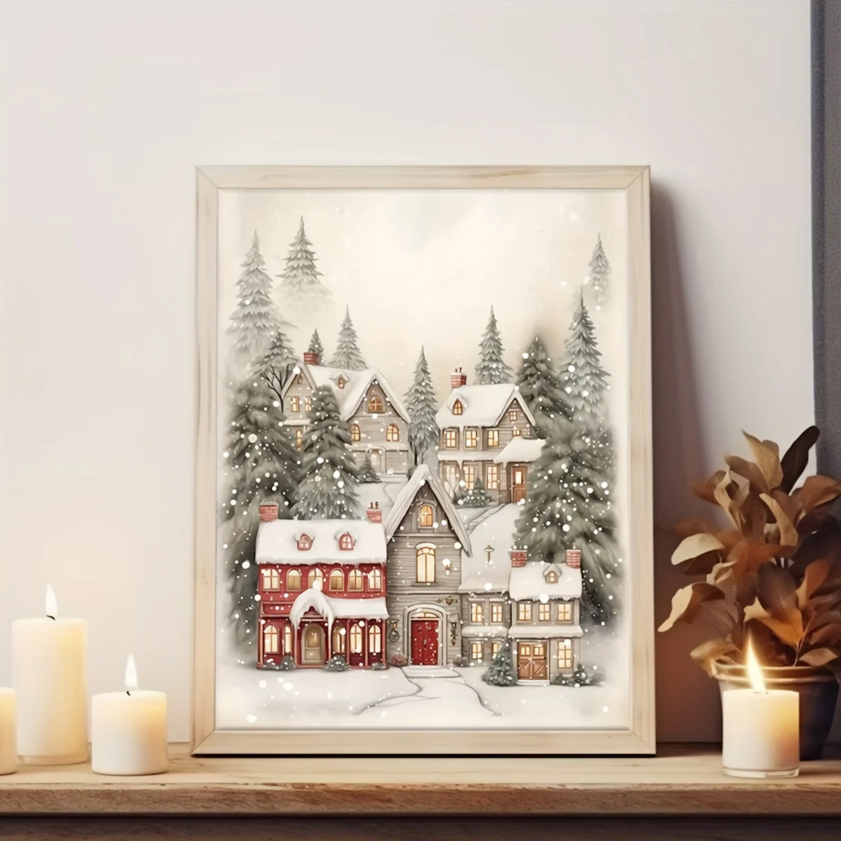 Vintage Village Poster - Snowy Winter Landscape Canvas Print with Red Roof Houses, No Frame  - Indoor Holiday Decor for Living R