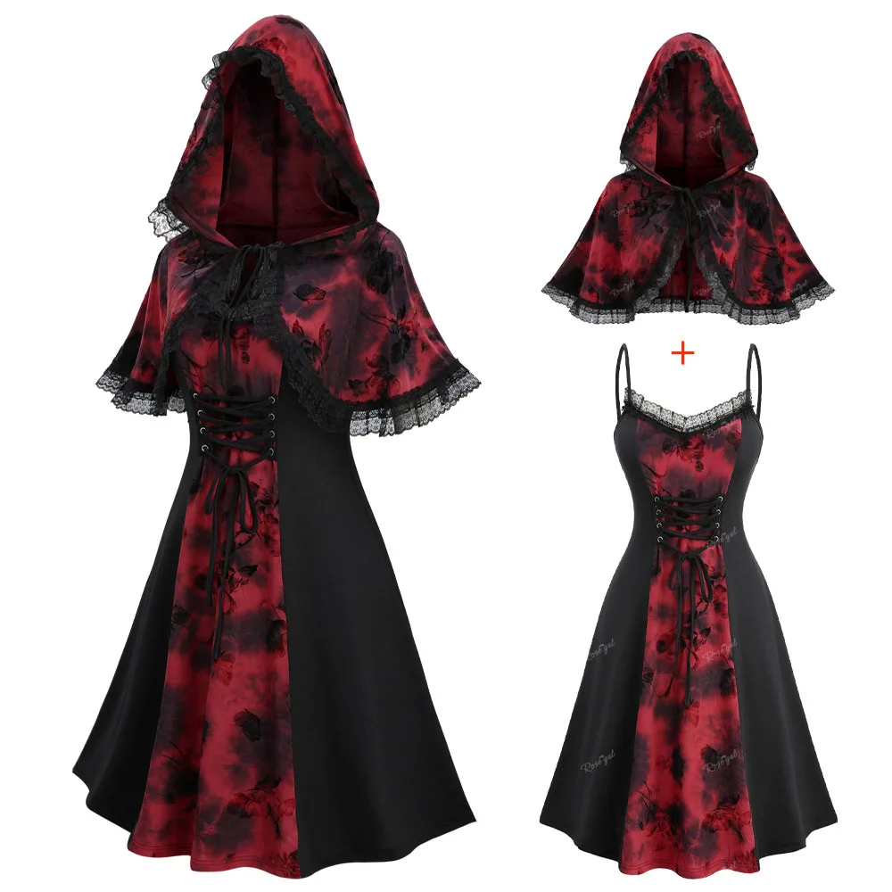 ROSEGAL Plus Size Women's Dresses With Hooded Cape Spring Summer Sleeveless Tie Dye Printed Lace Up Lace-trim Dress Hoodie Cloak