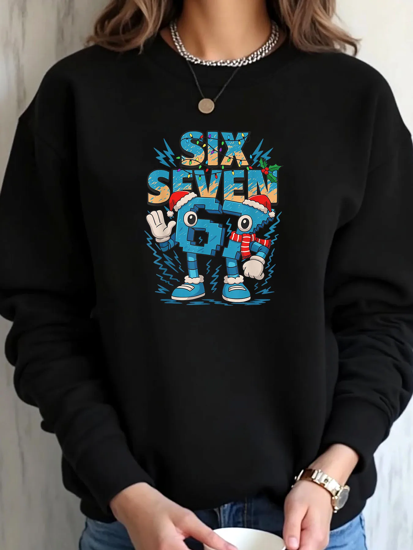 Sweat-shirt de grande taille pour femmes, vêtements d'extérieur imprimés de dessins animés de noël Six Seven