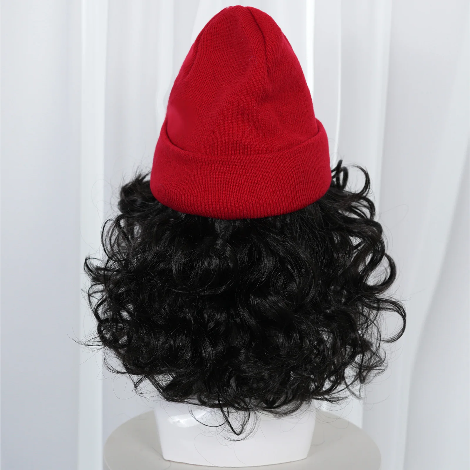 Synthetic black curly hair role play wig, paired with a red knitted hat and simulated beard, for Christmas theme parties