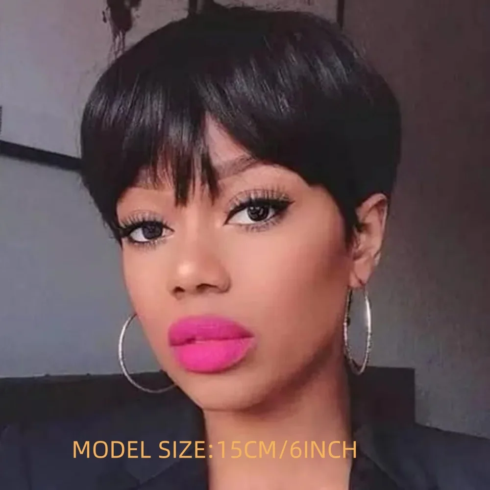 인간의 머리 픽시 컷 여성용 전체 기계 제작 가발 픽시 컷 스트레이트 짧은 밥 가발