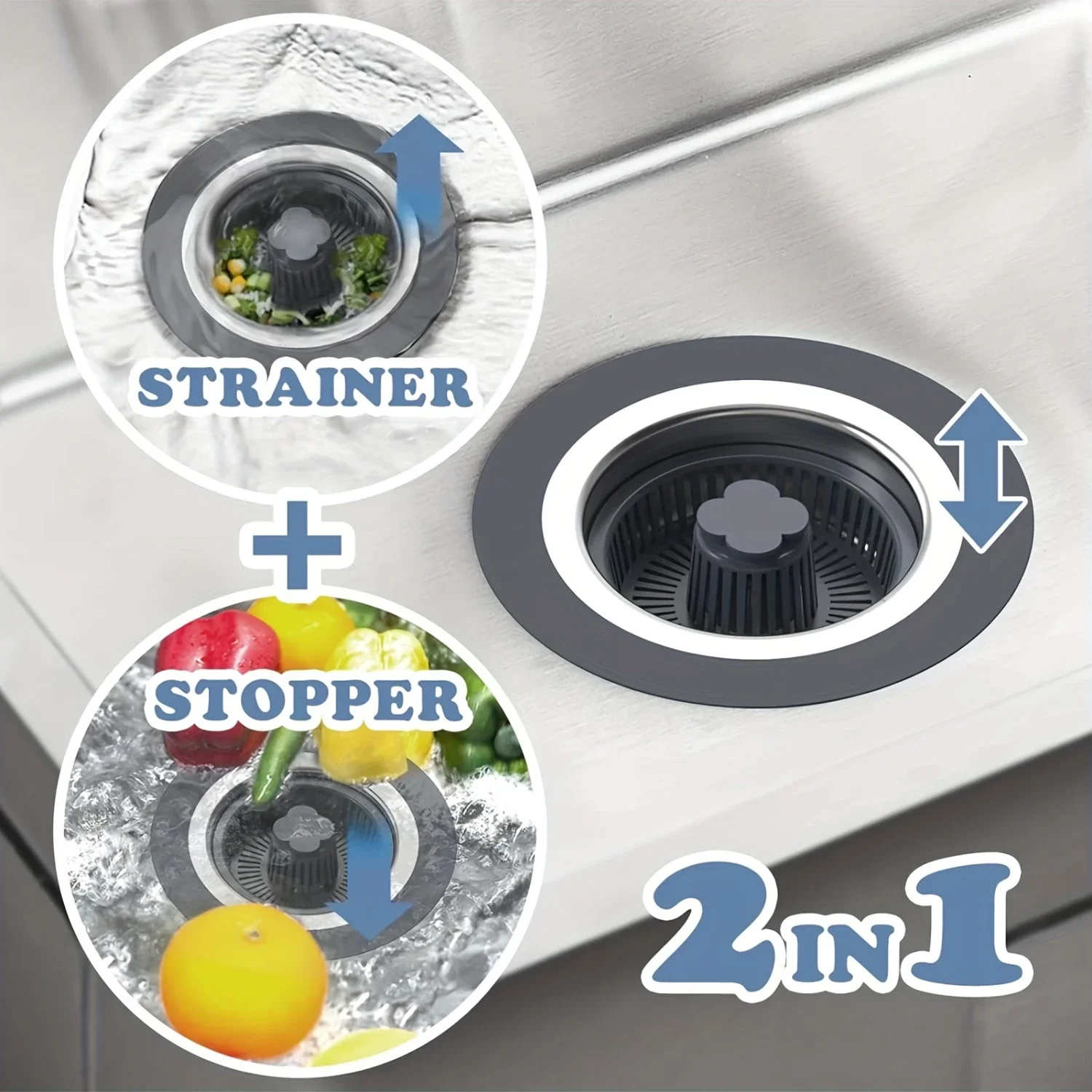 New Upgraded 3 in 1 Kitchen Sink Drain Strainer - Stopper Set Stainless Steel Kitchen Sink Stopper  Up Anti-Clogging Sink Strain