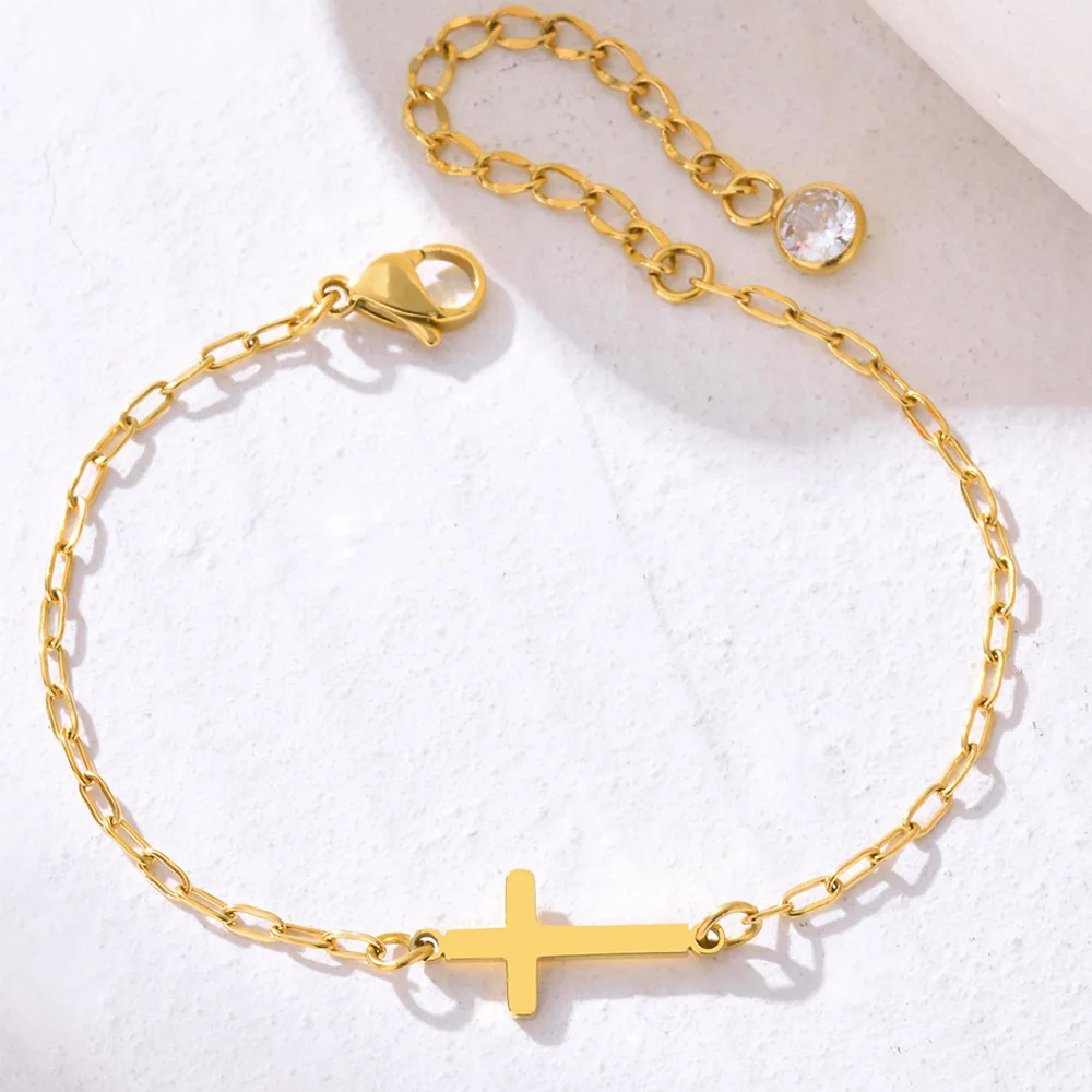 Cross Bracelet Paperclip Chain Link Adjustable Stainless Steel Christian Religion Jewelry