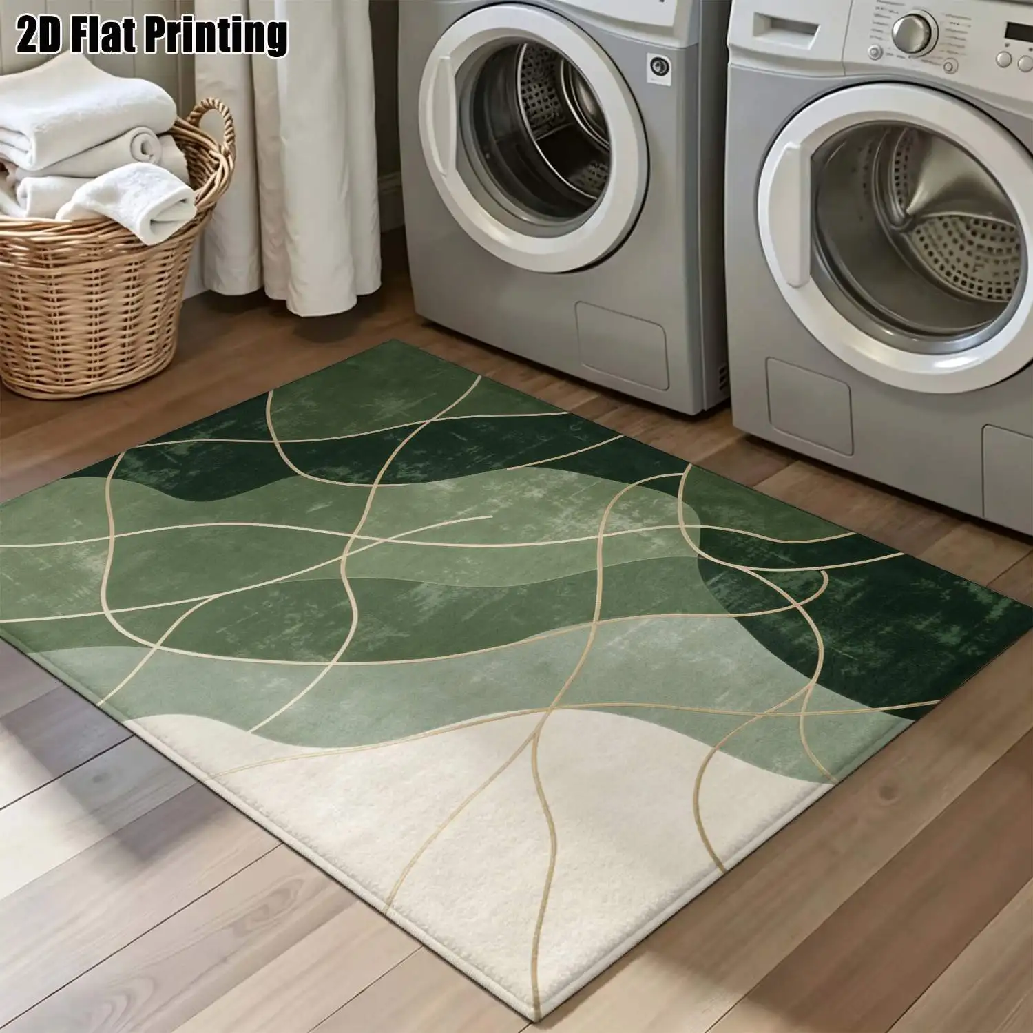 1Pc 2D Printed Carpet: Dark Green Contrast Lines & Abstract Patterns, Modern Simple Decor, Multi-Size, Machine Washable, Ideal for Multi-Scene Use