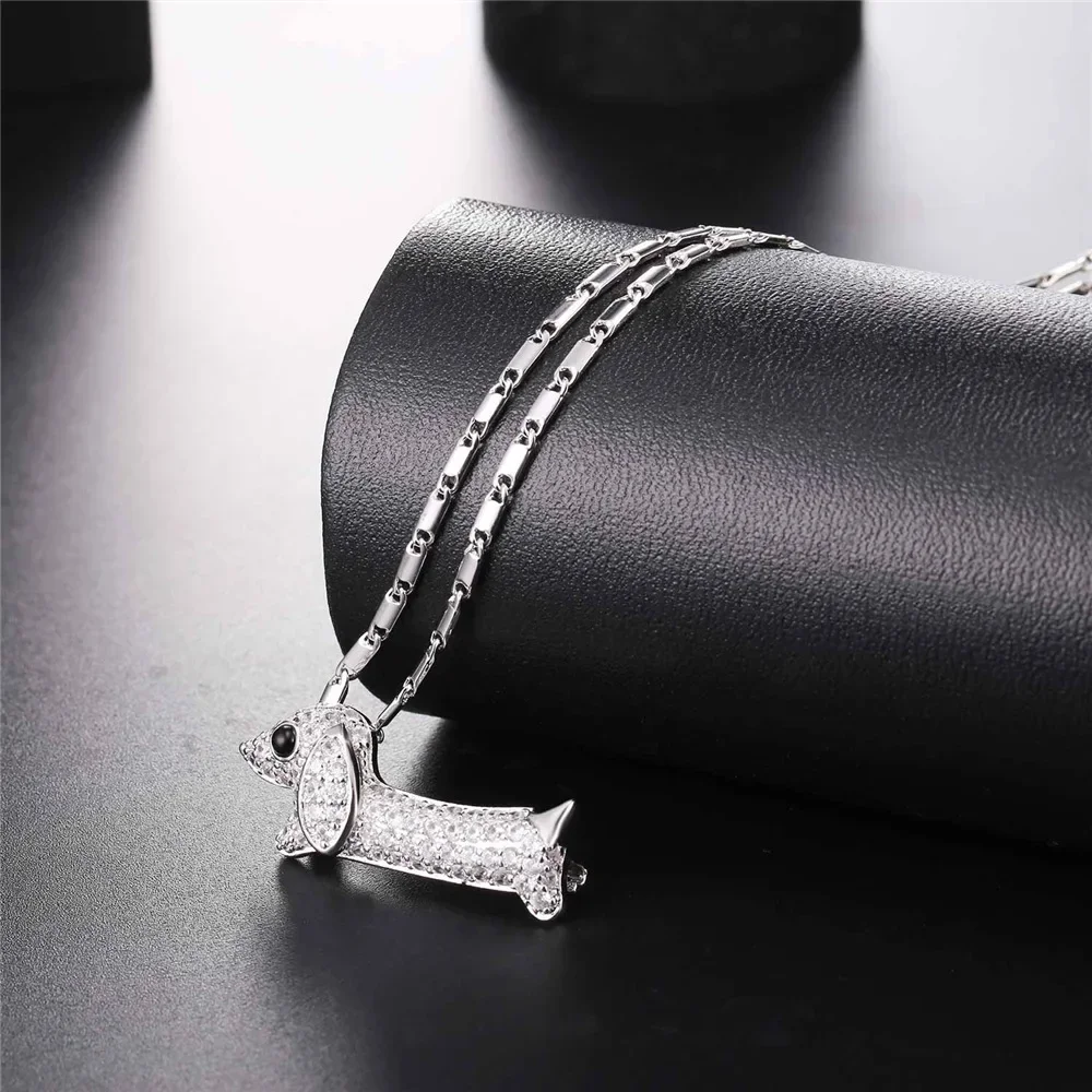 U7 Cubic Zirconia Sausage Dog Necklace for Men Women Cute Dachshund Wiener Dog Badger Animal Pet Lover Jewelry Gift QC24