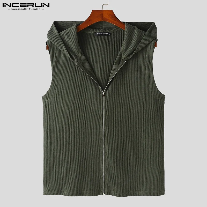 INCERUN Men Tank Tops Solid Color Hooded Zipper Sleeveless Casual Male Vests Streetwear 2024 Summer Fashion Leisure Men Clothing