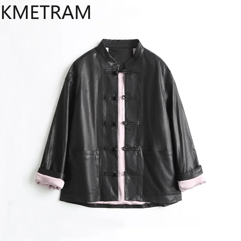 KMETRAM Sheepskin Chinese Style Genuine Leather Jacket Woman Frog Buttons Leather Coat Loose Jacket of Woman 2026 Spring 가죽자켓