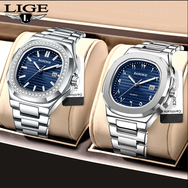 

BANGWEI 2025 часы для пар, женские и мужские модные кварцевые наручные часы, водостойкий стальной ремешок, роскошные часы, подарки Reloj Hombre Mujer
