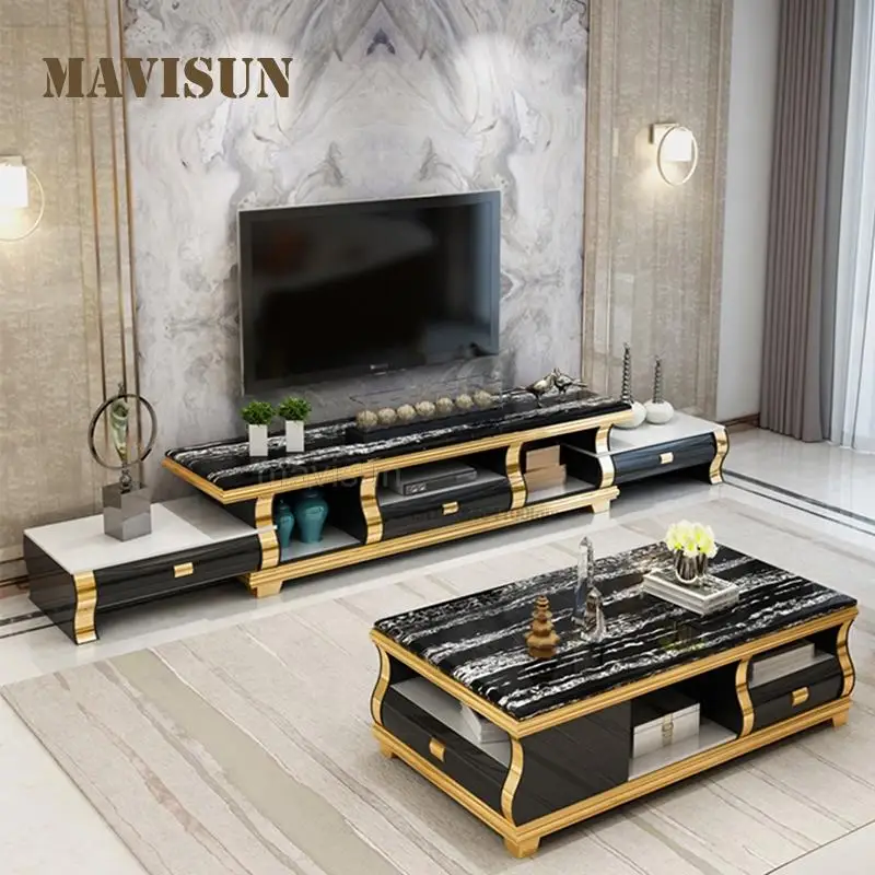 

Open Plan Living Room Storage Cabinet With Golden Stainless Steel Frame Extendorabale Simple Rectangular Tv Cabinet Side Table