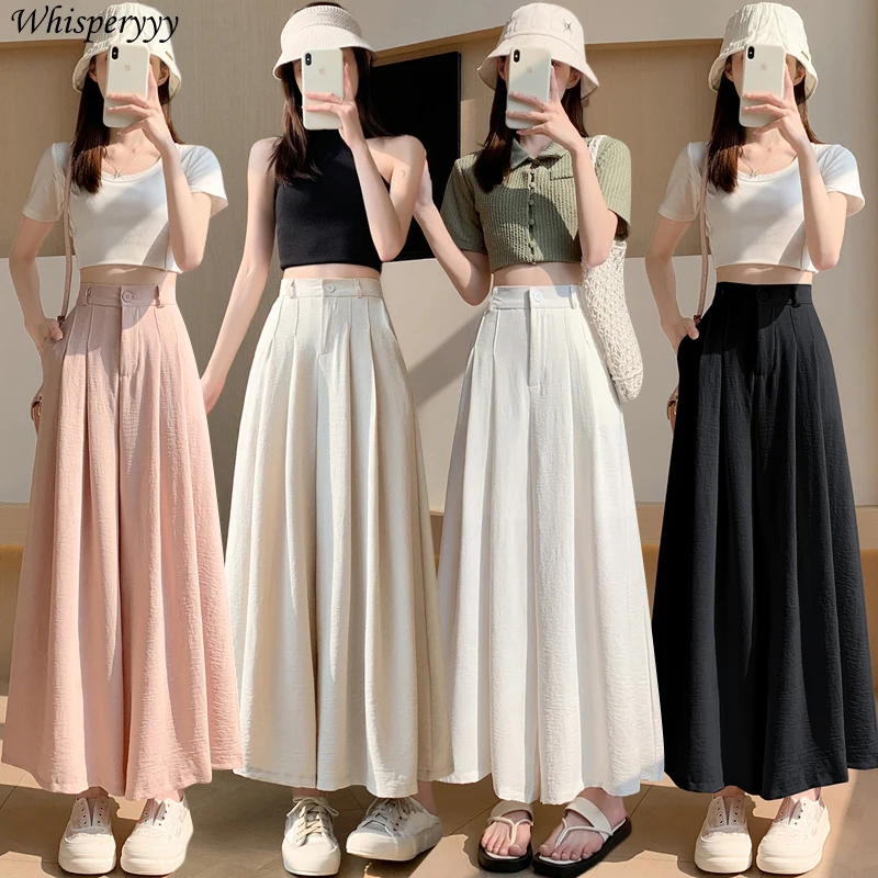 

Ice Silk Wide-leg Pants Women's Summer New Thin High Waist Drape Casual Trouser Skirt Lady Korean Fashion Solid Color Pant Skirt
