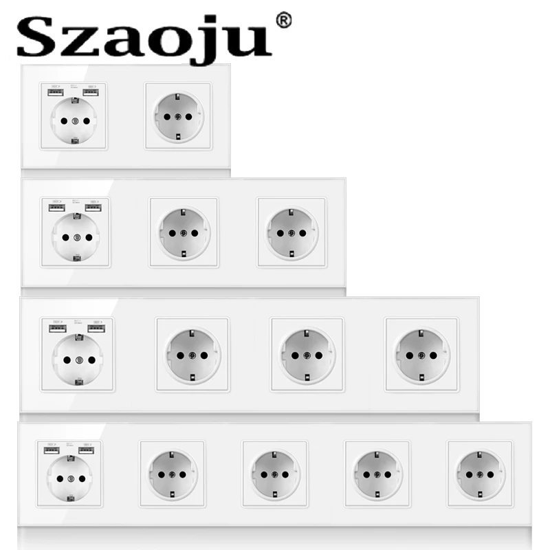 Szaoju EU German Standard 16A Crystal Glass Panel Wall Socket Power Outlet Electrical Plug With Usb Double usb Outlet Ac100-250V