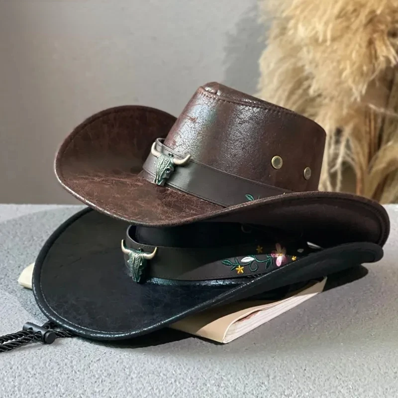 

Fashion Cow Head Decorate Western Cowboy Hat Faux Leather Vintage Gentleman Jazz Hats For Men Panama Cowgirl Hat