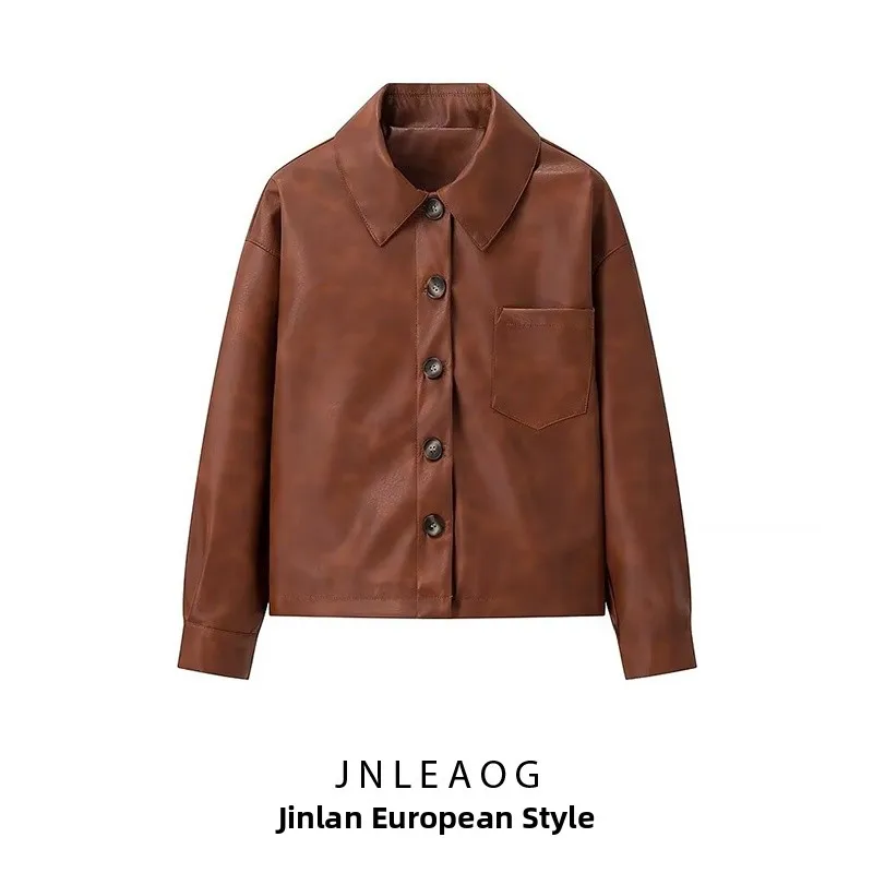 JNLEAOG New Faionable Casual Leder Jaet Damen Street Sle Design All-Match Simple Ele Long Sve Mantel