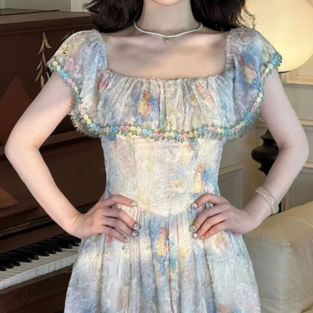 

2025 new summer retro square neck floral dress temperament thin splicing French dress women