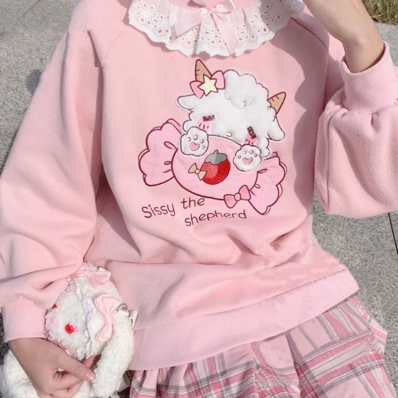 2025 Lente Vrouwen Kant Hals Leuke Hoodies Harajuku Kawaii Sweatshirt Lolita Meisje Roze Trui Lam En Snoep Borduren Sudadera